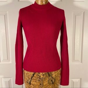 Bogner Cherry Red Mock Neck Fitted Ribbed Sweater